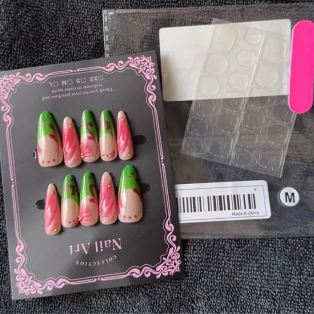 Pink & Green Handmade Press-On Nails Reusable Medium acrylic 3-D NWT - Picture 5 of 8